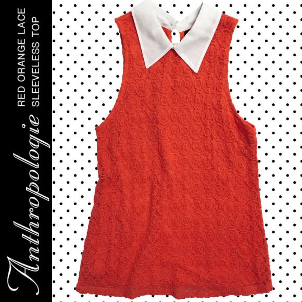 Anthrolopogie LIV Red Orange Lace Sleeveless Top With Collar Size S